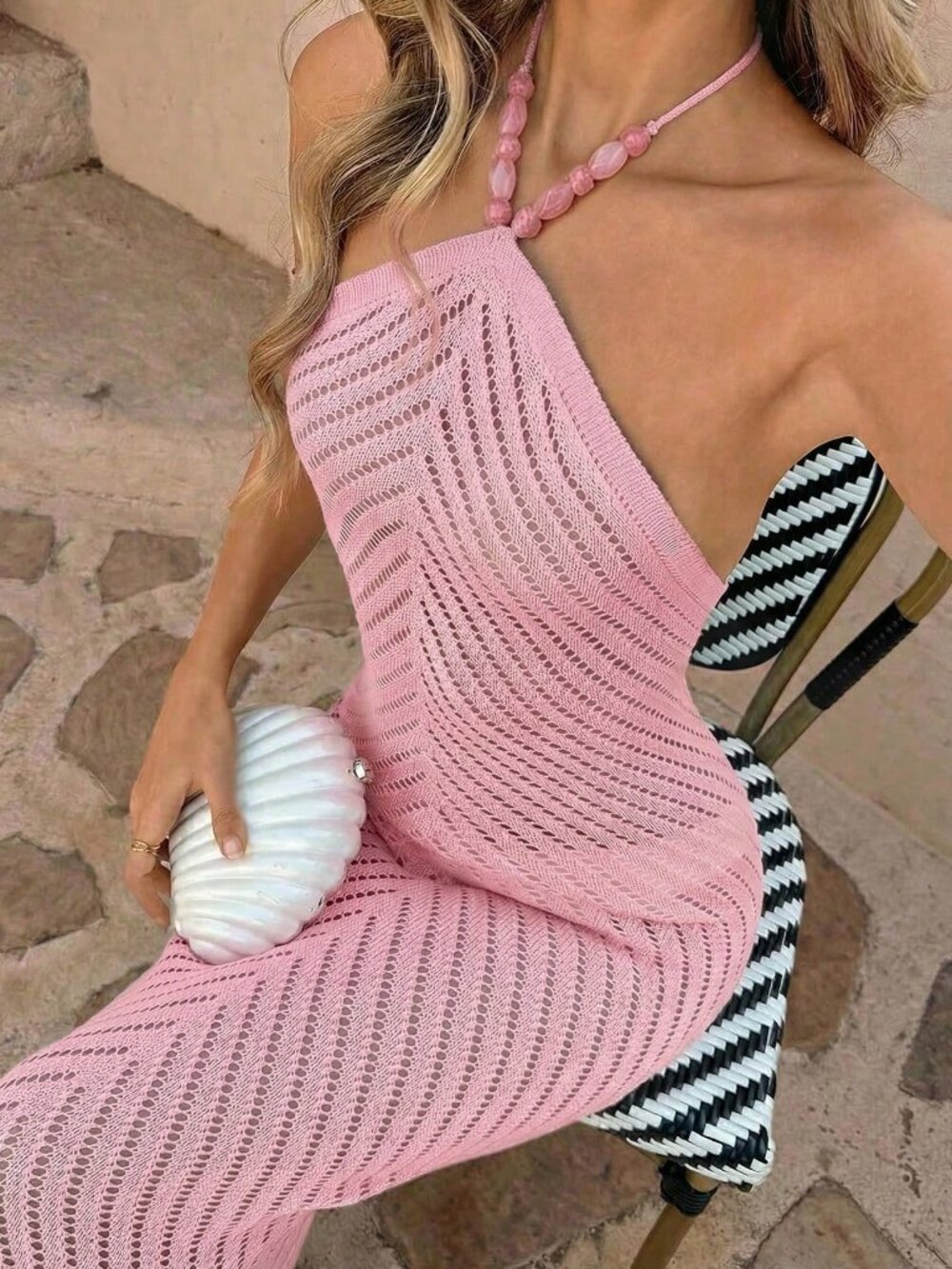 Pink Y2k Women's Hollow Knit Halter Beaded Detail Slit Maxi Dress - Picture 4 of 7